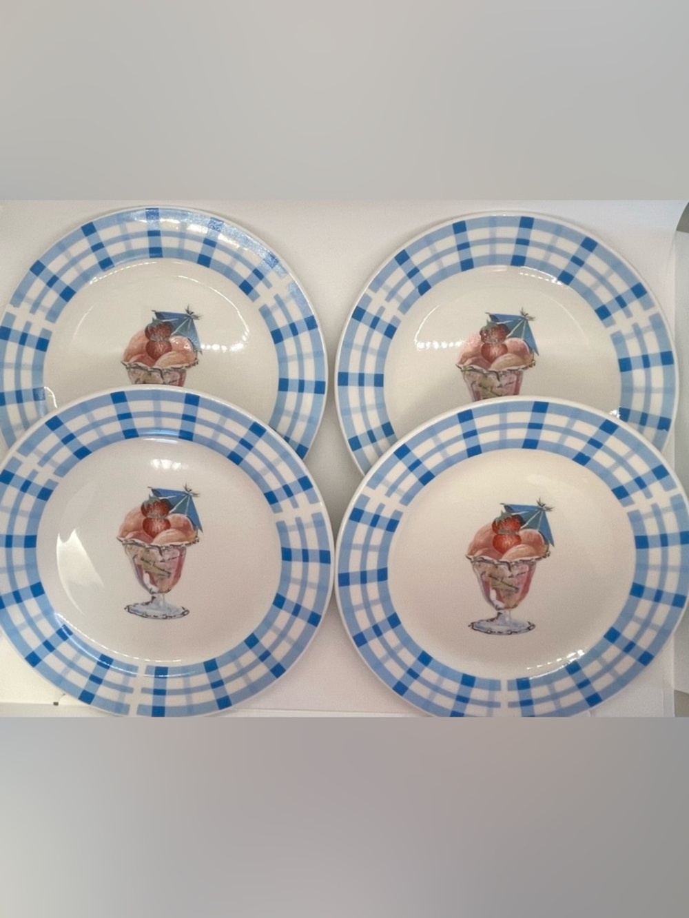 🍨 Century Blue Gingham Ceramic Dessert Plates - Set of 4